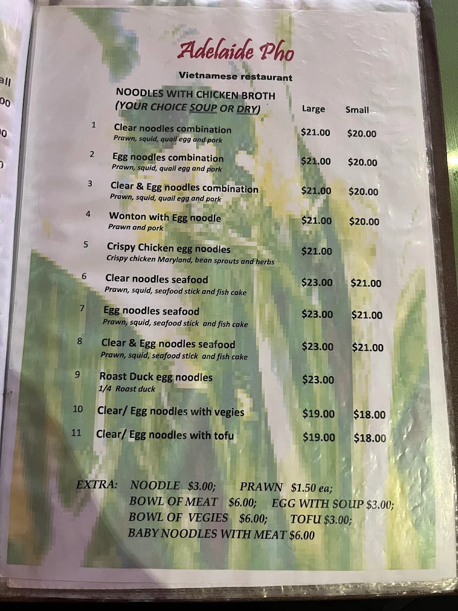 Menu, Adelaide Pho