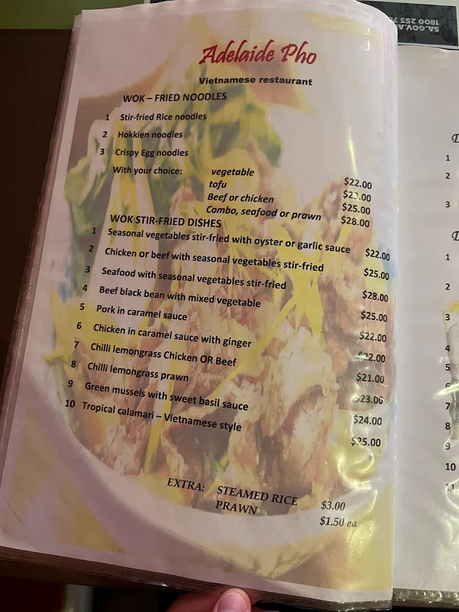 Menu, Adelaide Pho
