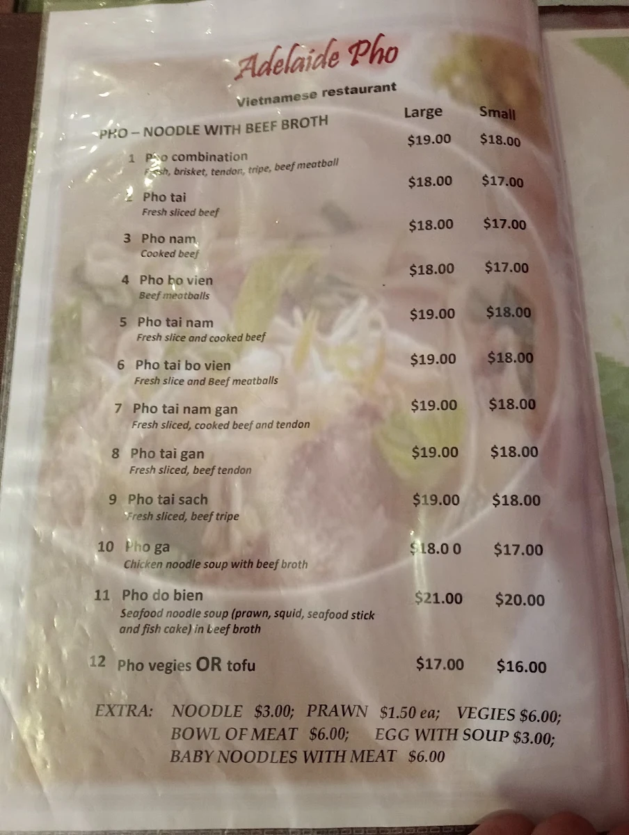 Menu, Adelaide Pho