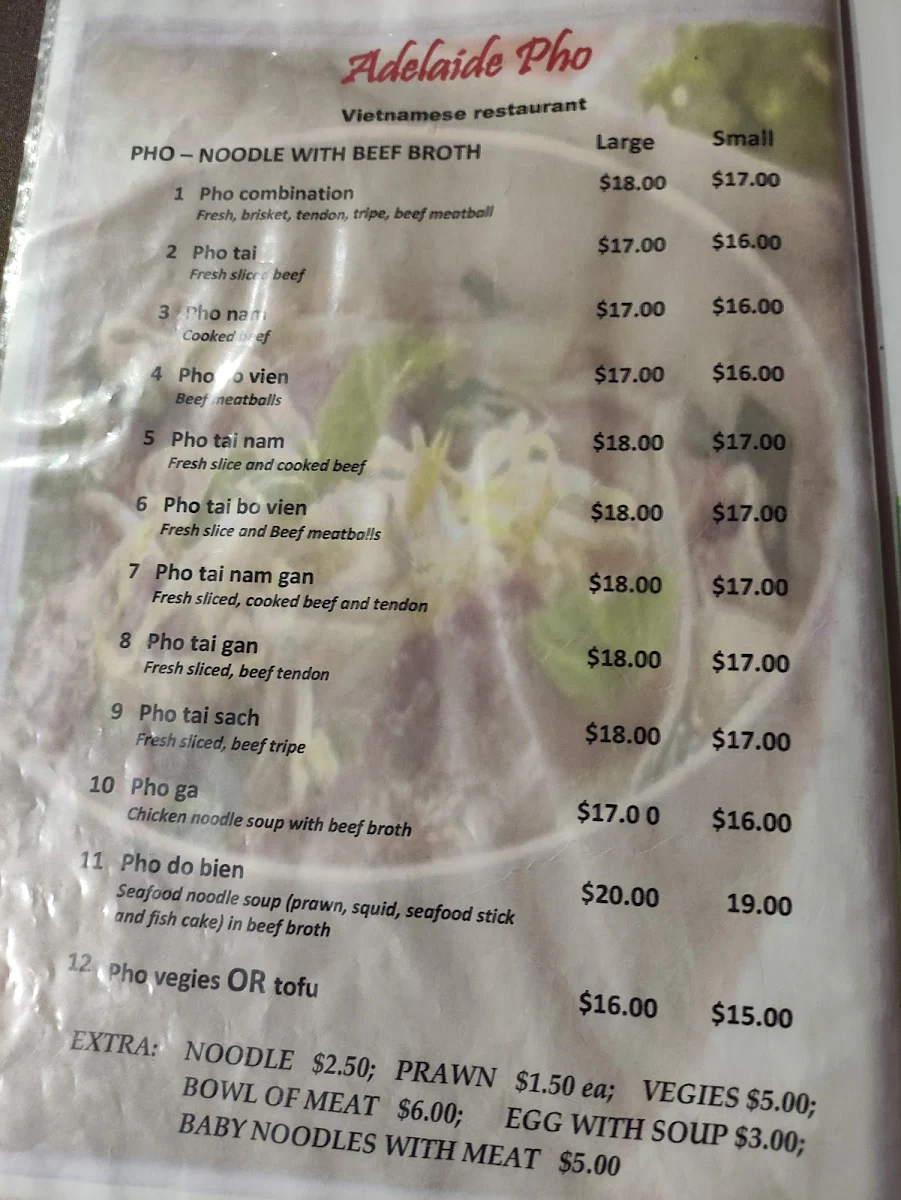 Menu, Adelaide Pho