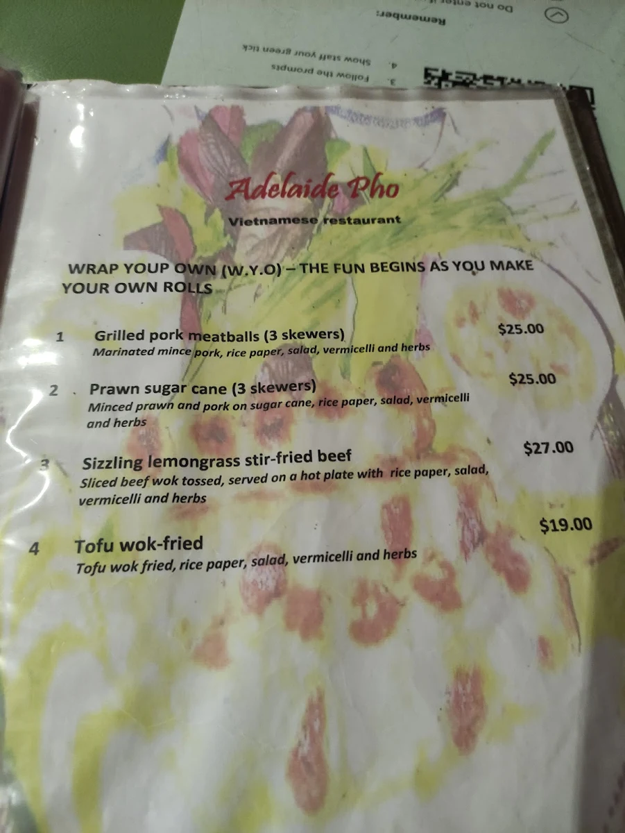 Menu, Adelaide Pho