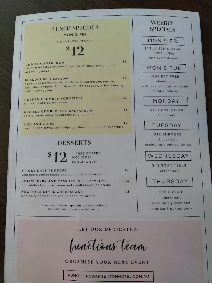 Menu, Argenton Hotel