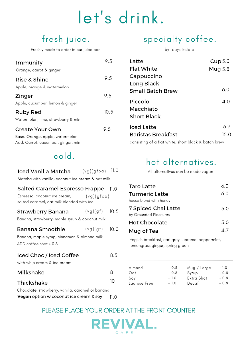 Menu, Revival Cafe Adelaide