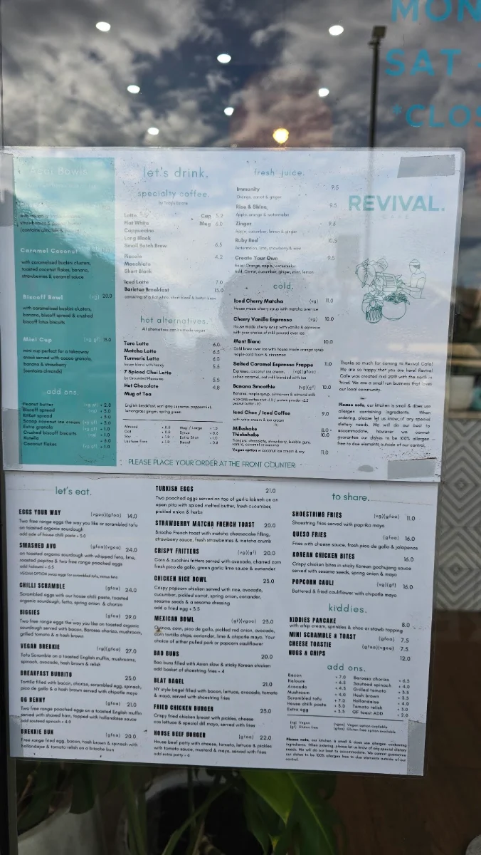Menu, Revival Cafe Adelaide