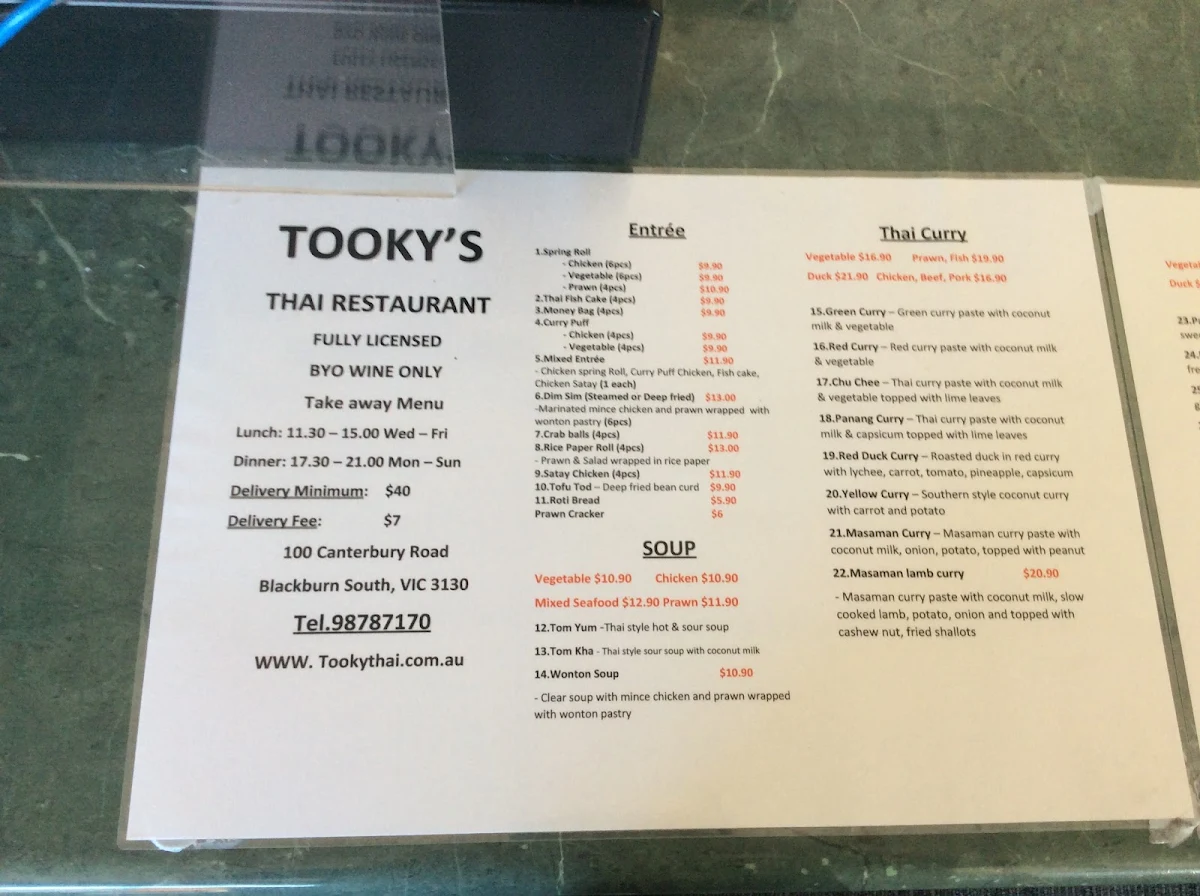 Menu, Tooky Thai Restaurant