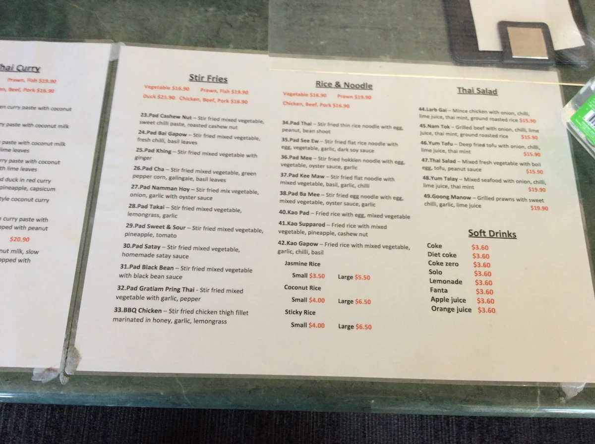 Menu, Tooky Thai Restaurant
