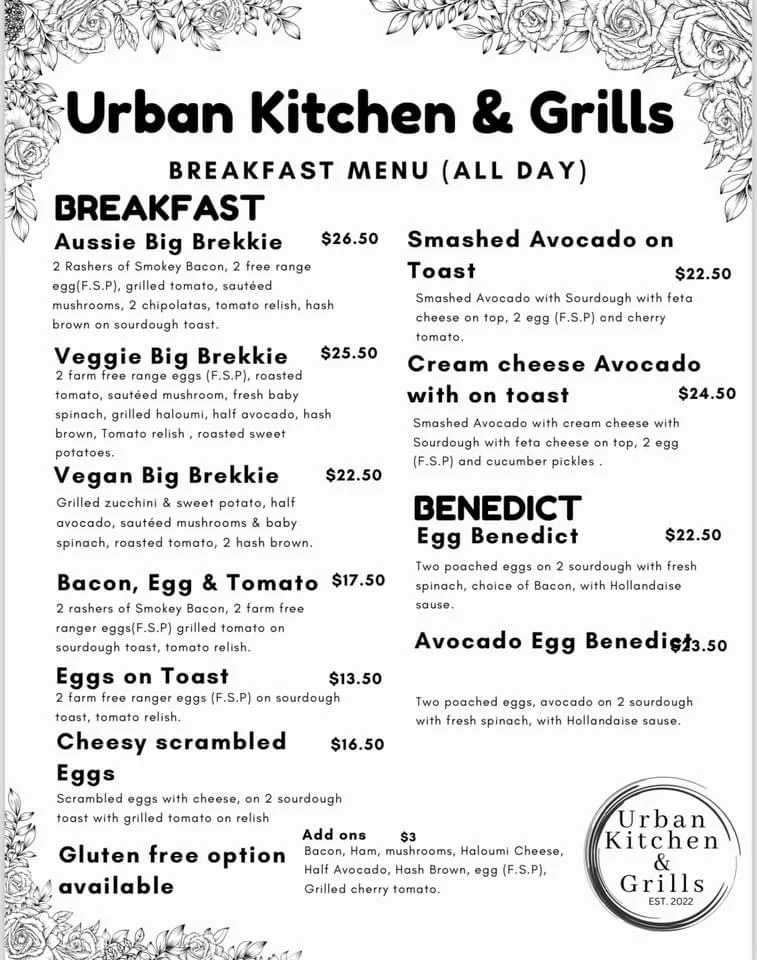 Menu, Urban Kitchen and Grills