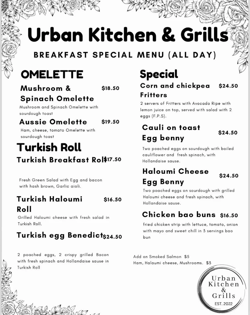 Menu, Urban Kitchen and Grills