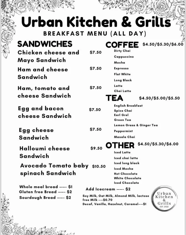 Menu, Urban Kitchen and Grills