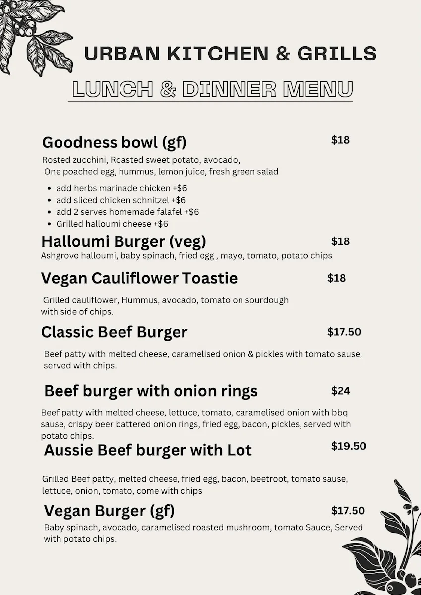 Menu, Urban Kitchen and Grills