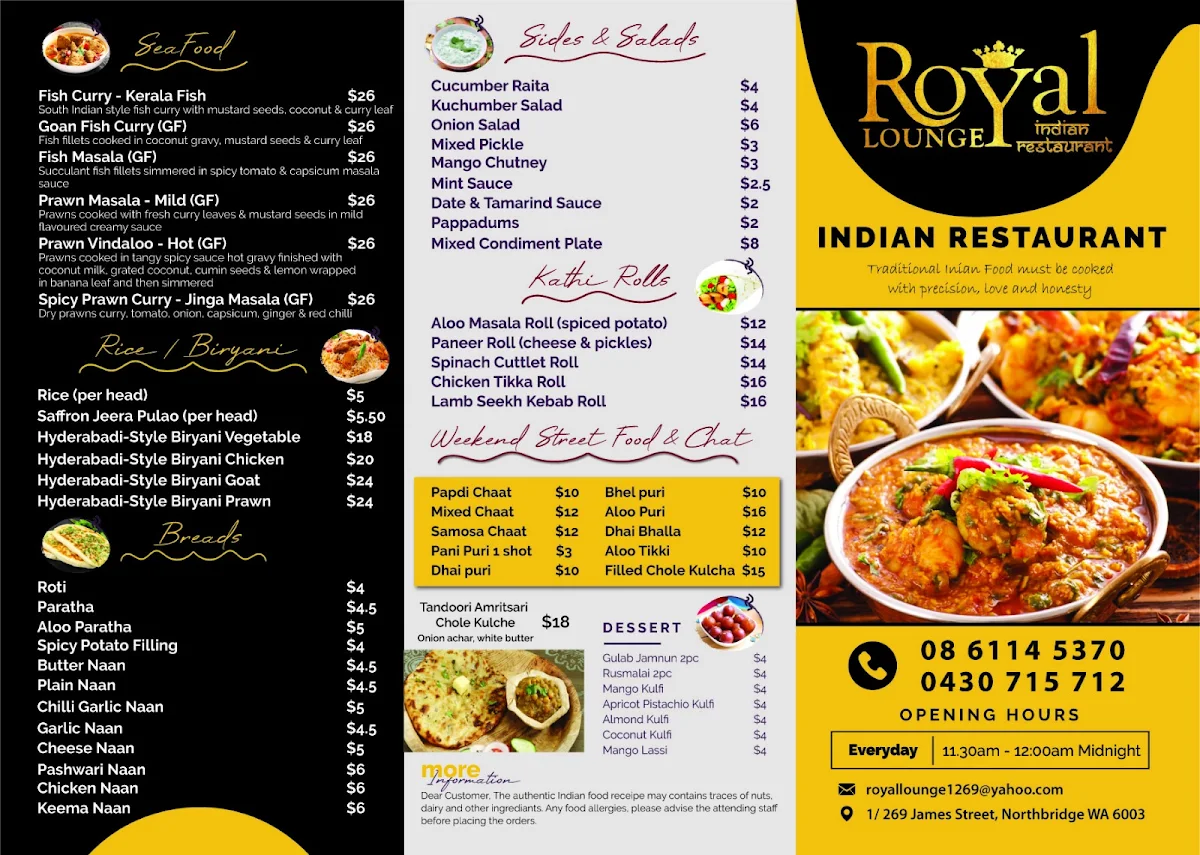 Menu, Royal Lounge Indian Restaurant
