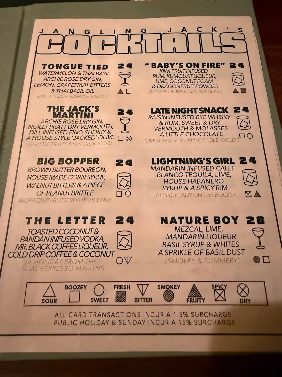Menu, Jangling Jack’s