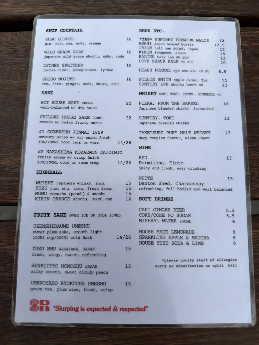 Menu, Shop Ramen Preston