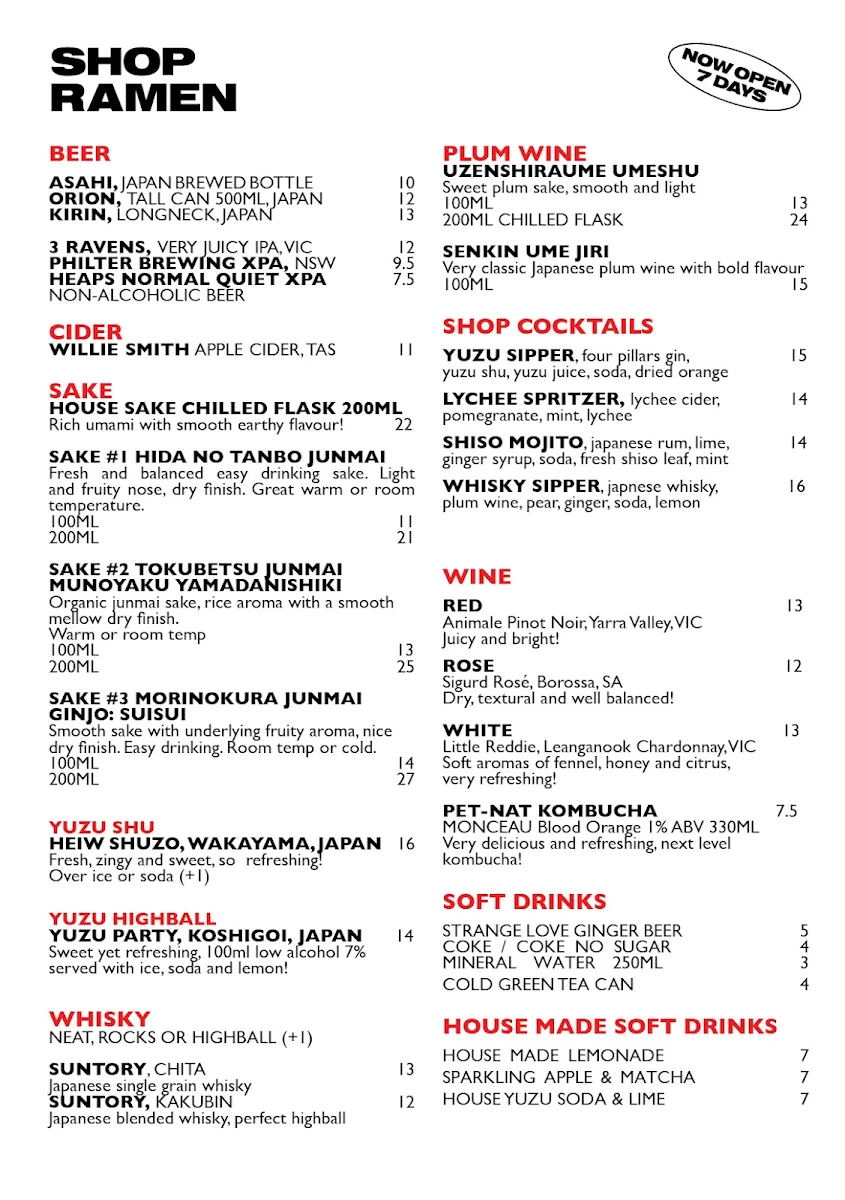 Menu, Shop Ramen Preston