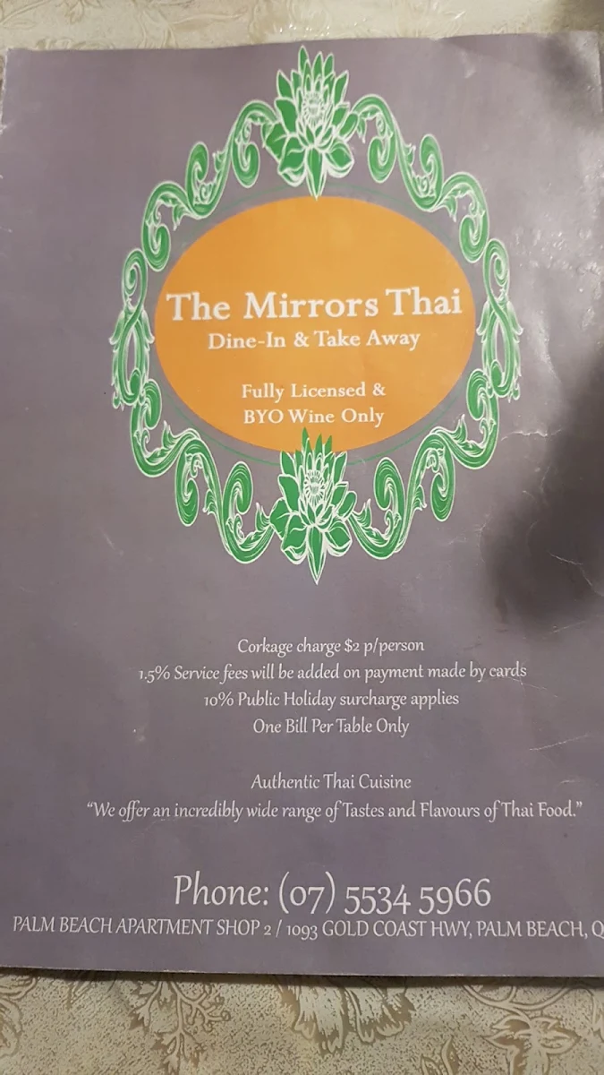 Menu, Mirrors Thai Restaurant
