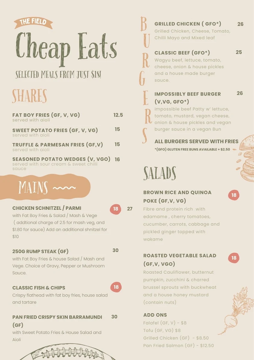 Menu, The Field at Easts Rugby