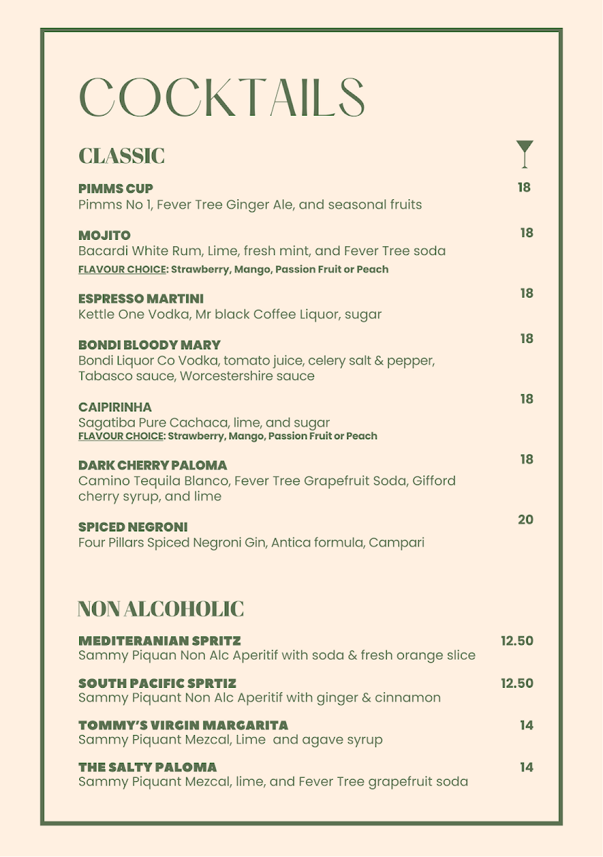 Menu, The Field at Easts Rugby