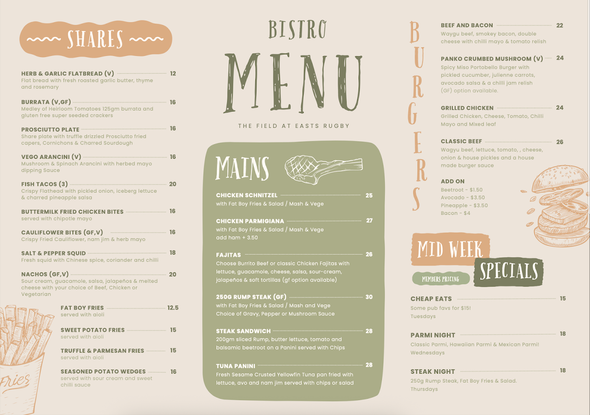 Menu, The Field at Easts Rugby