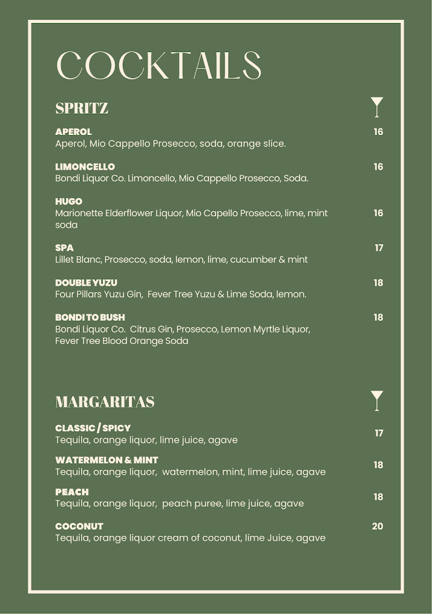 Menu, The Field at Easts Rugby