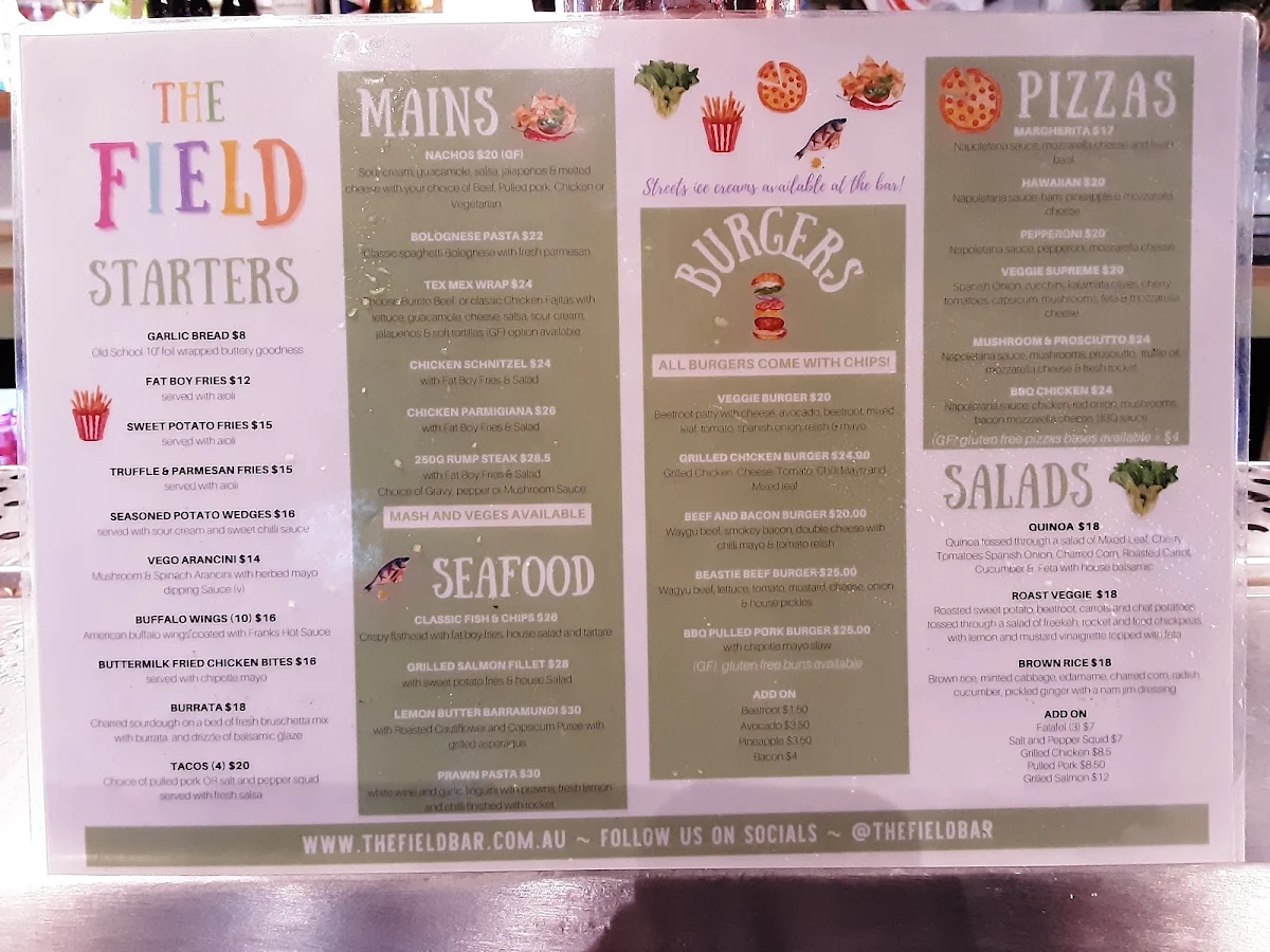 Menu, The Field at Easts Rugby