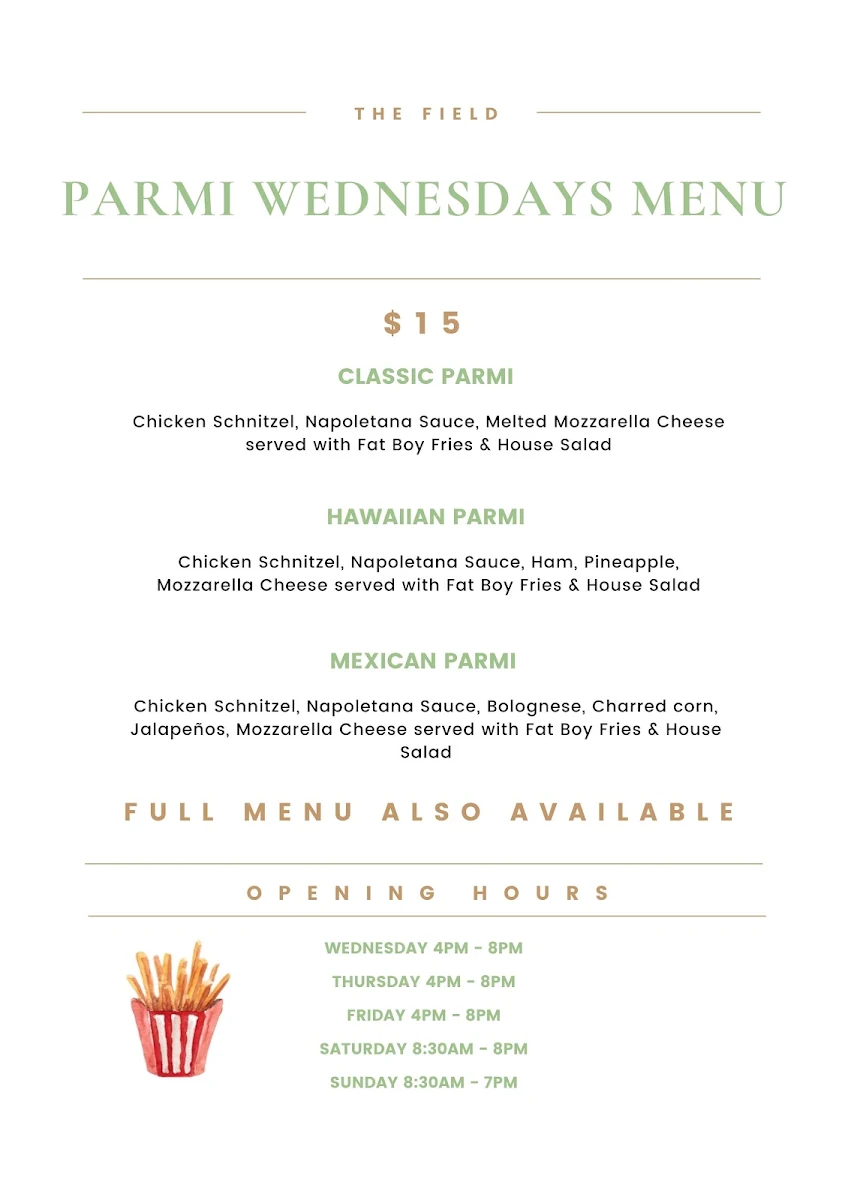 Menu, The Field at Easts Rugby