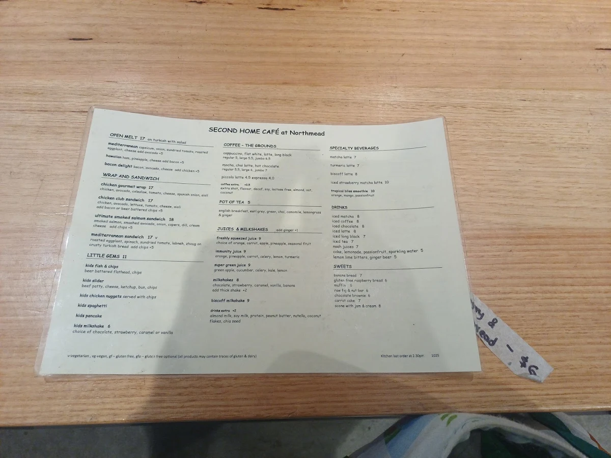 Menu, Second Home Cafe - Northmead