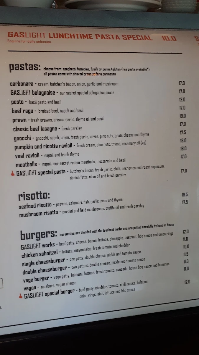 Menu, Gaslight Italian