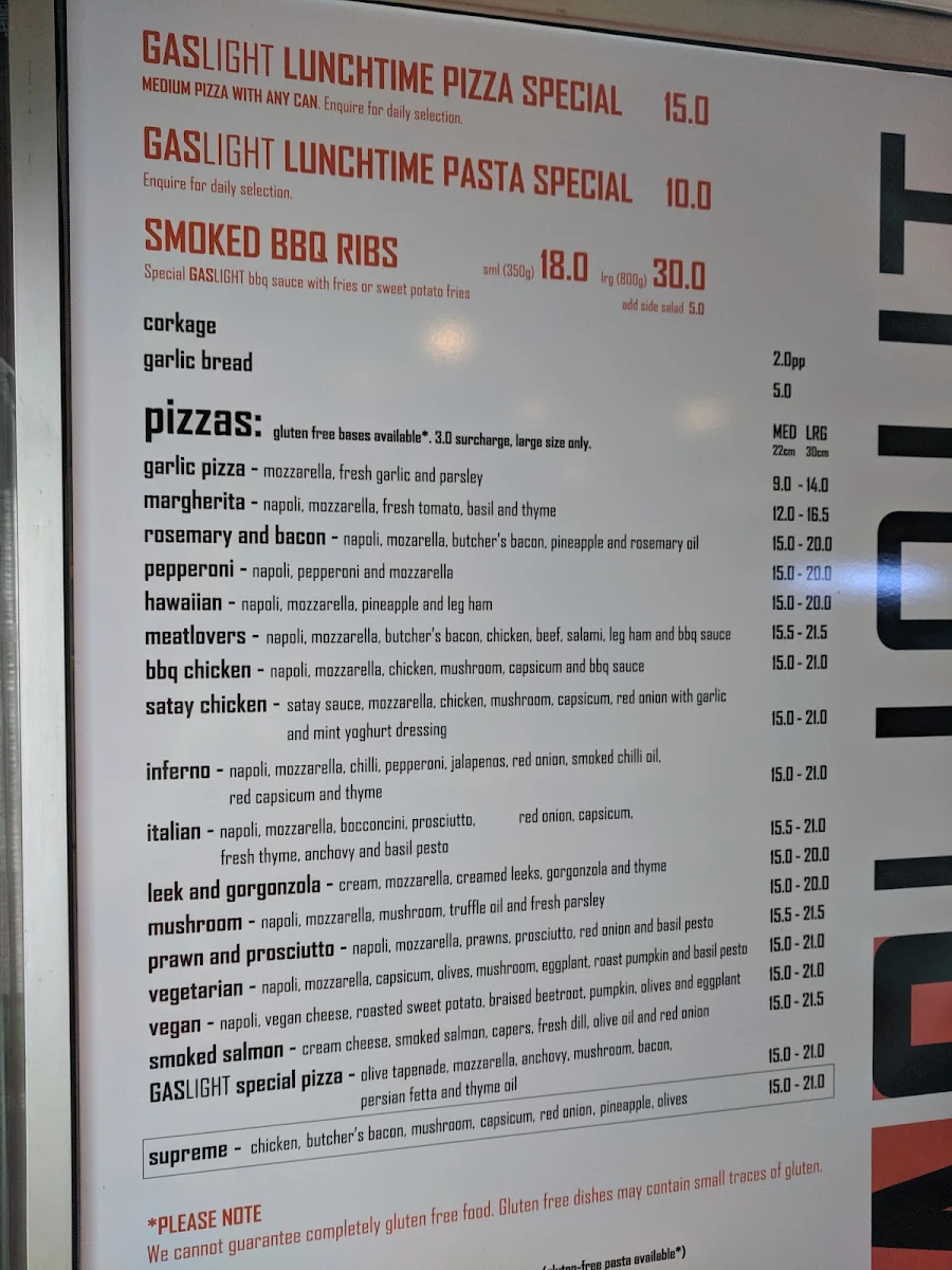 Menu, Gaslight Italian