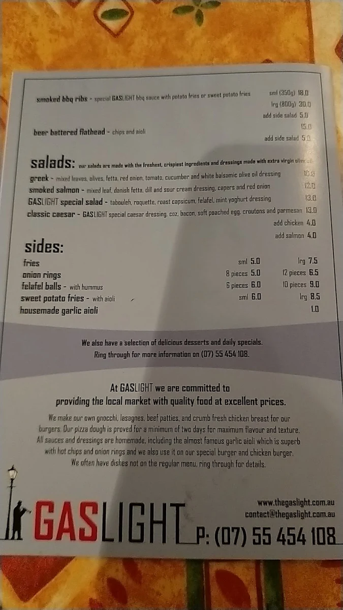 Menu, Gaslight Italian