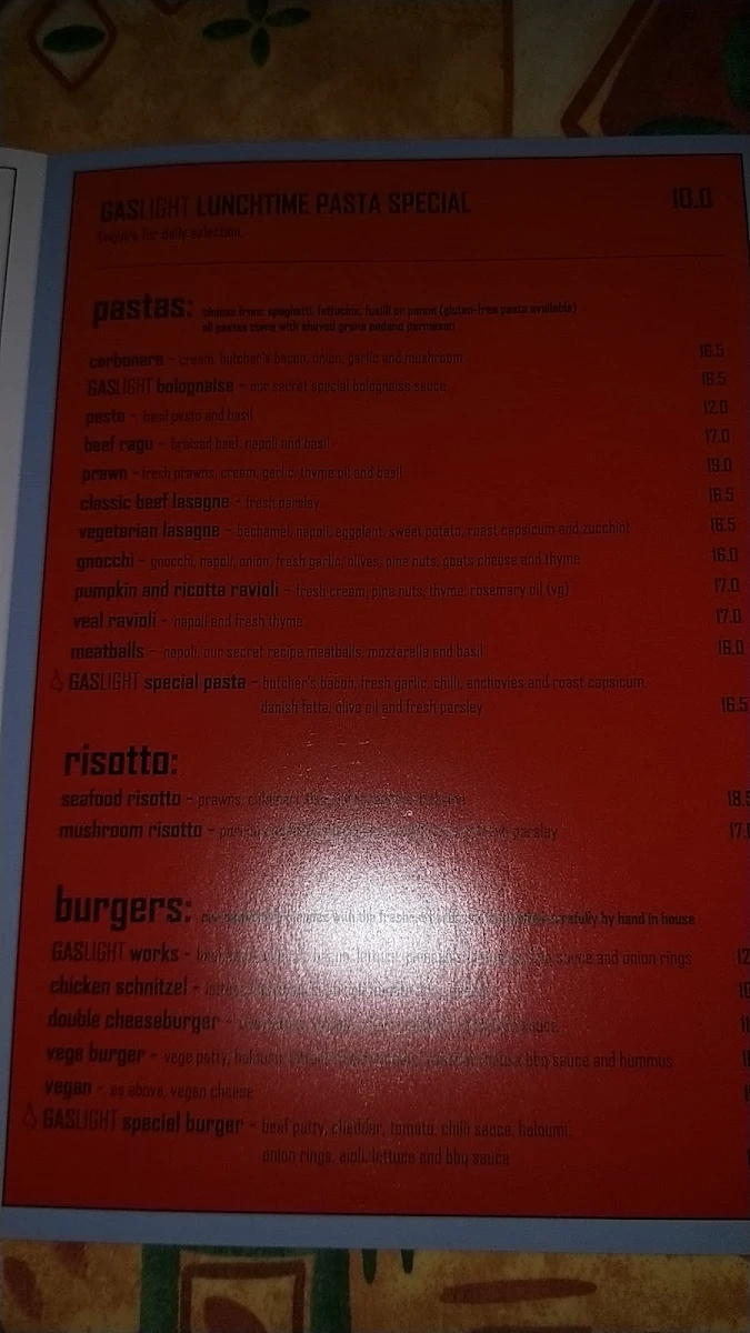 Menu, Gaslight Italian