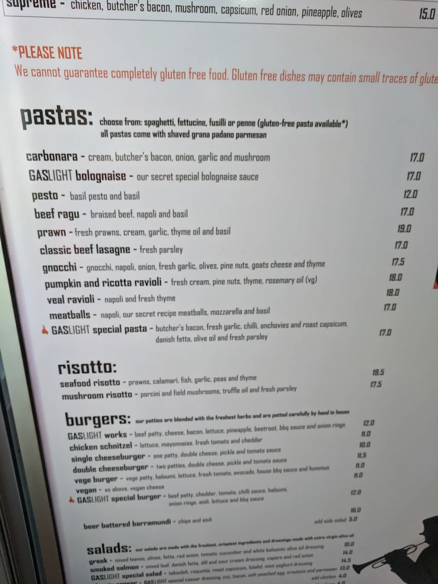 Menu, Gaslight Italian
