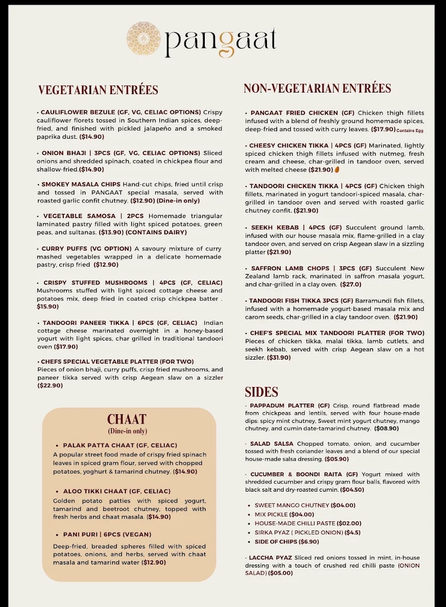 Menu, Pangaat Indian restaurant & Bar