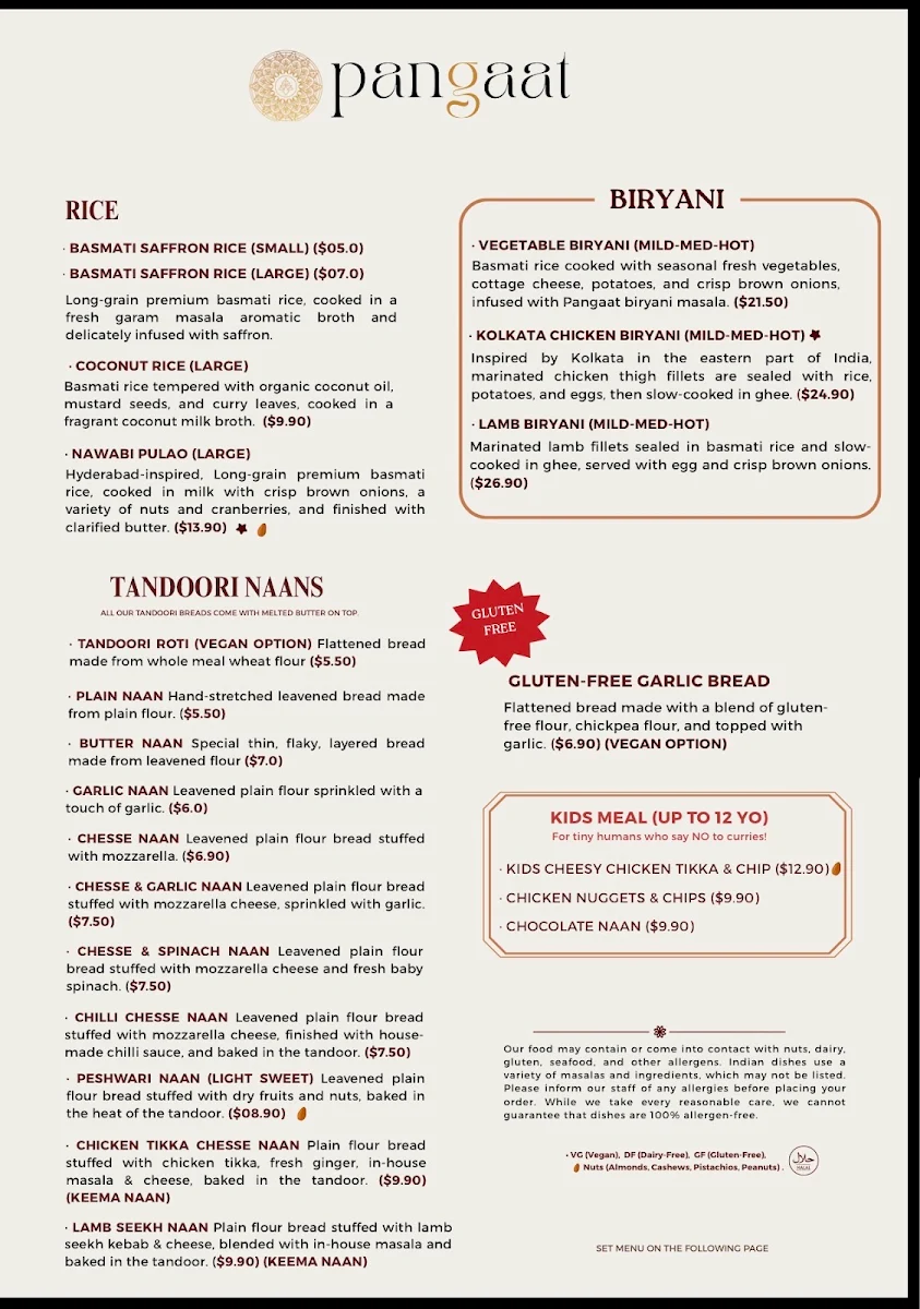 Menu, Pangaat Indian restaurant & Bar