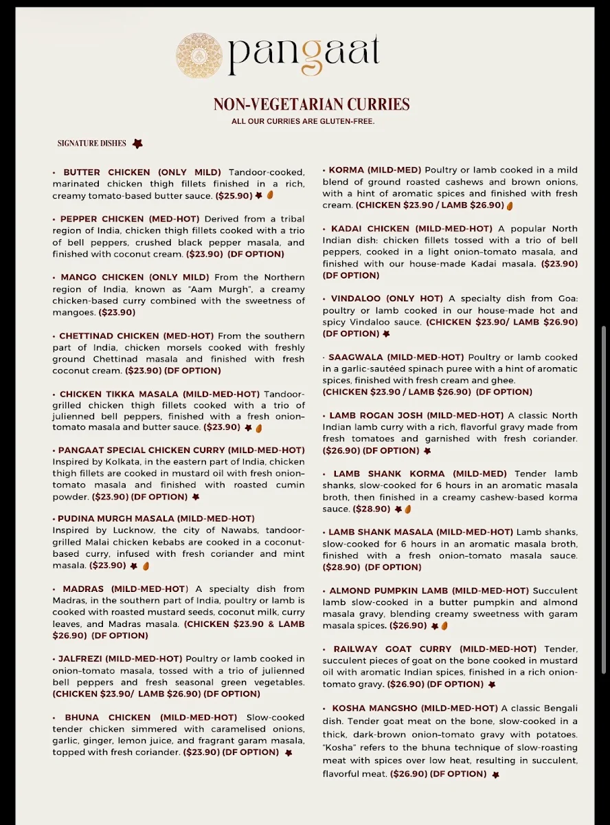 Menu, Pangaat Indian restaurant & Bar