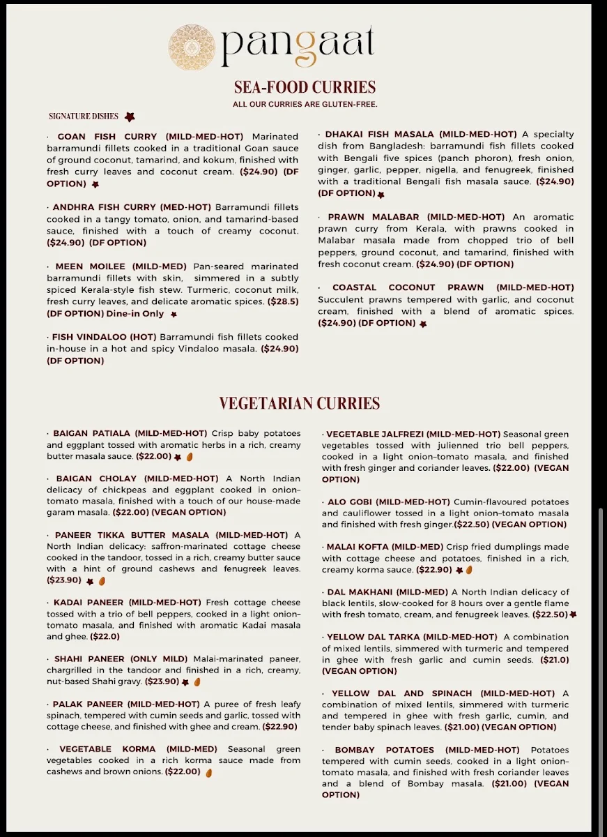 Menu, Pangaat Indian restaurant & Bar