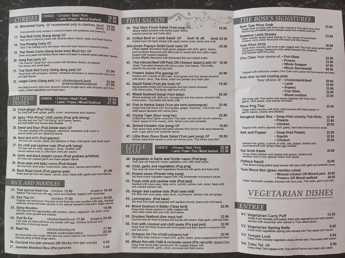 Menu, Little Siam