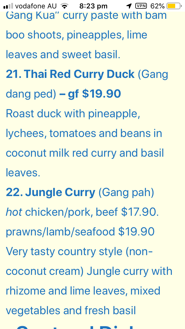 Menu, Little Siam