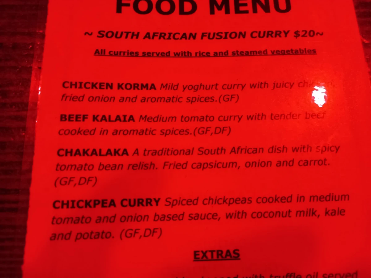 Menu, Lazybones Lounge Restaurant & Bar