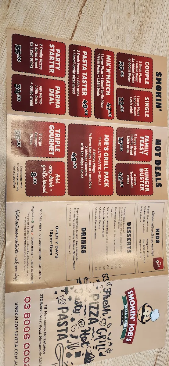 Menu, Smokin Joe's Pizza & Grill - Mambourin