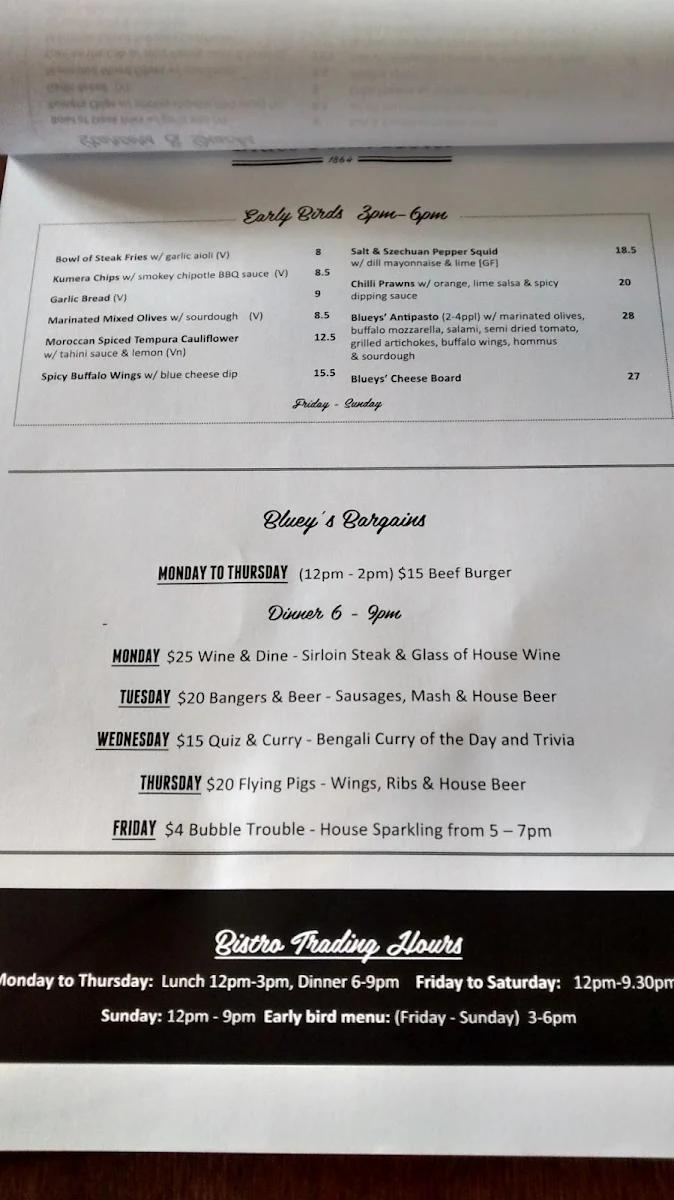 Menu, Blues Point Hotel
