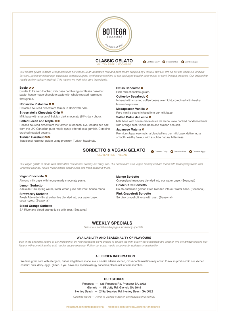 Menu, Bottega Gelateria