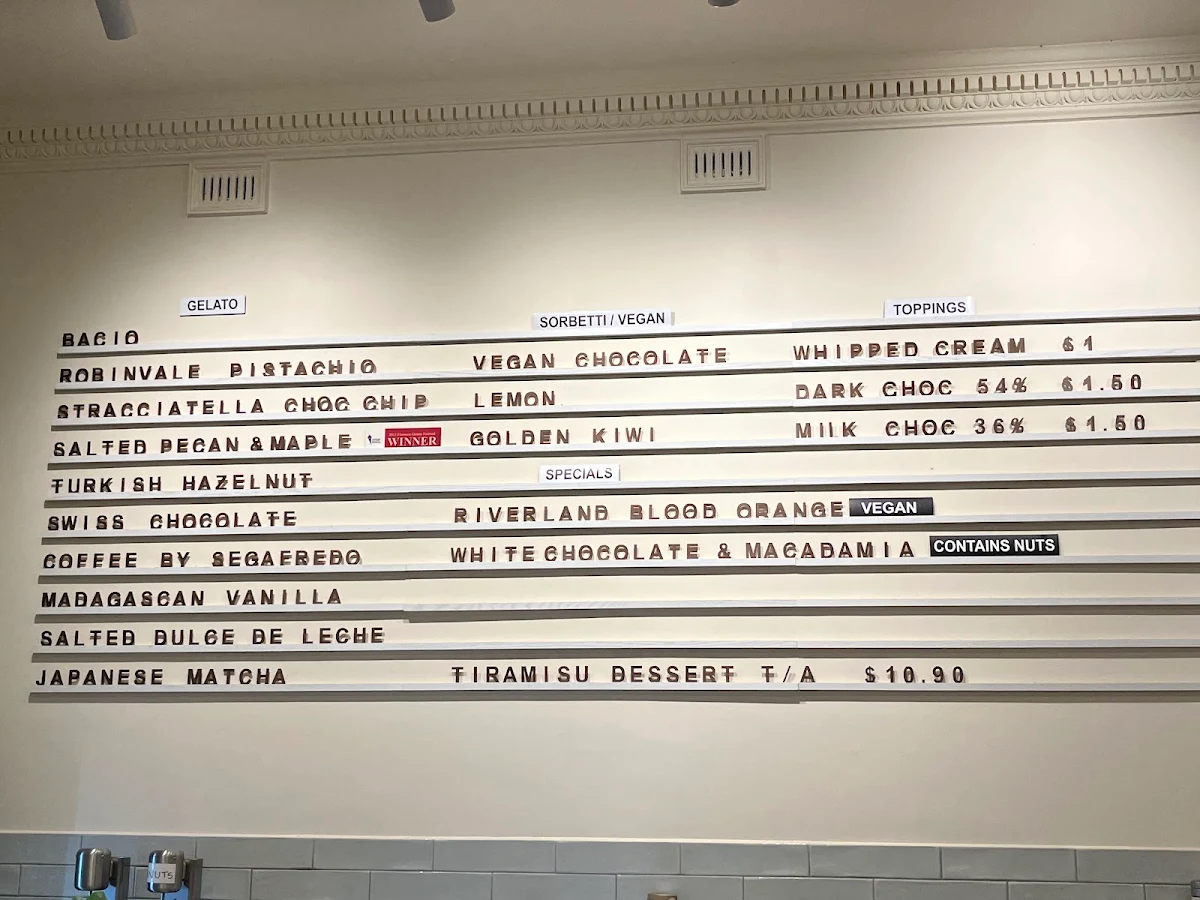 Menu, Bottega Gelateria