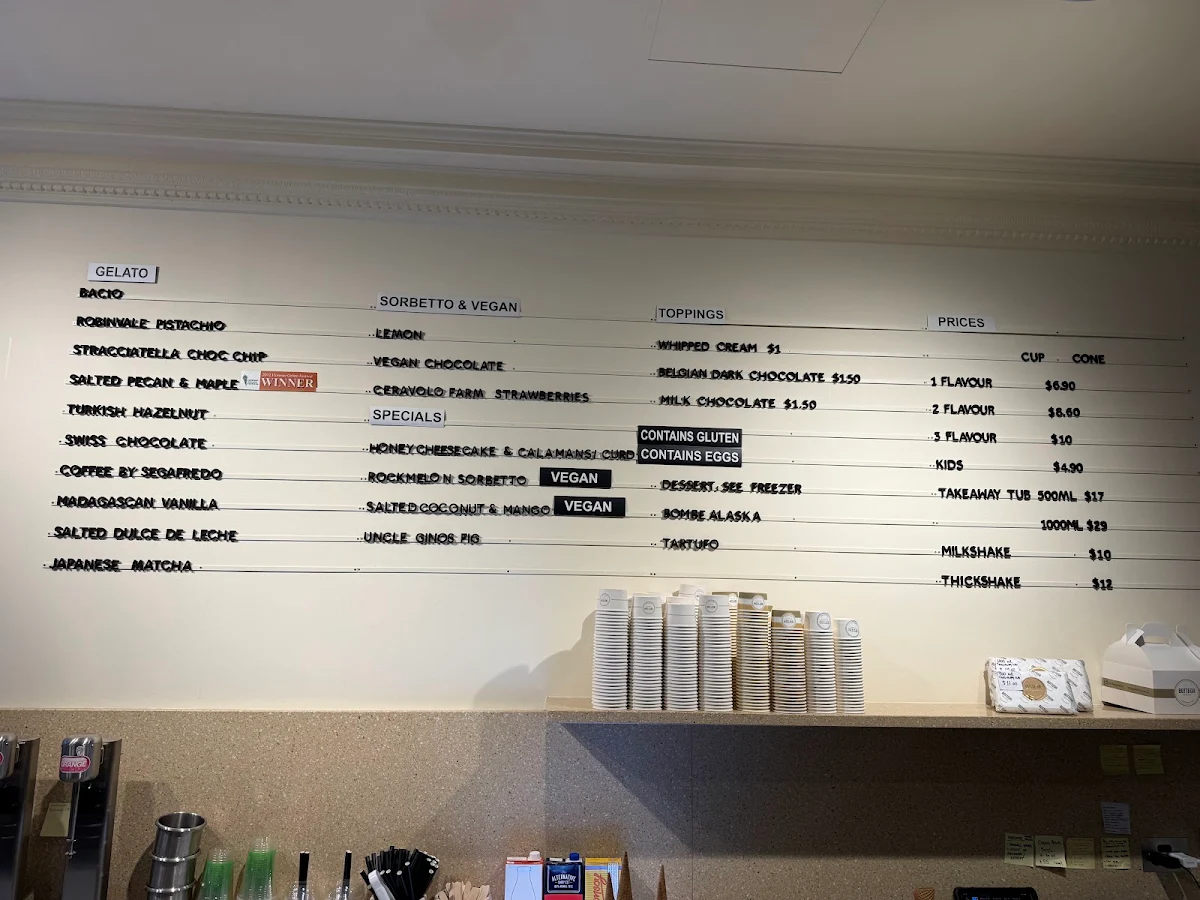 Menu, Bottega Gelateria