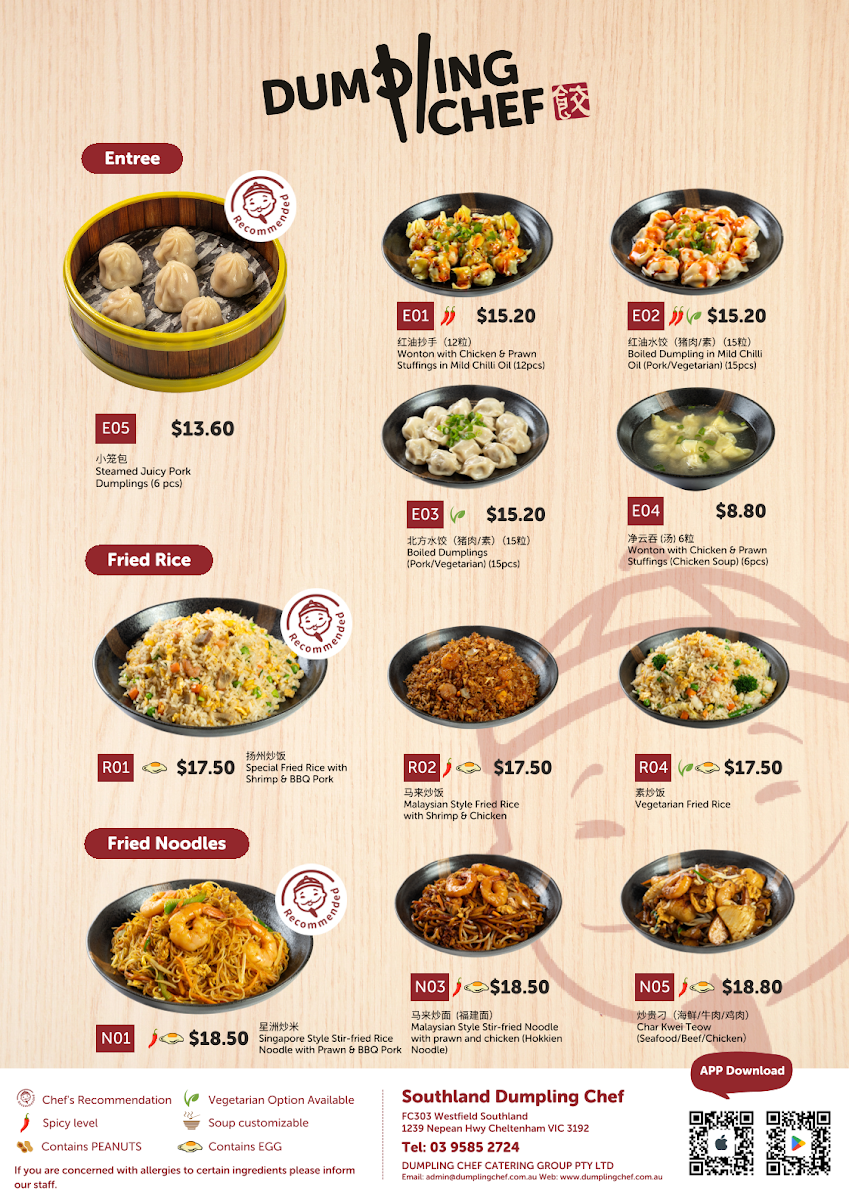Menu, Dumpling Chef Southland