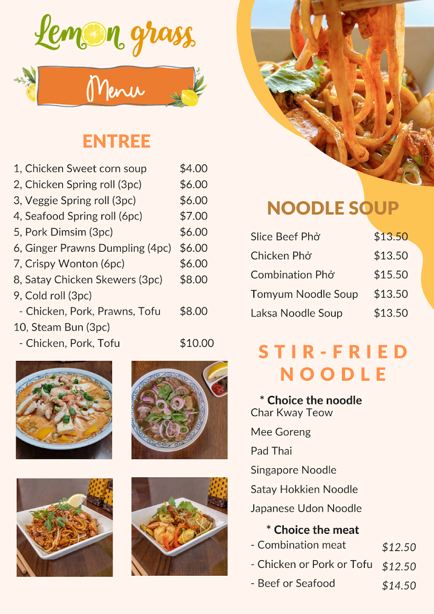 Menu, Lemongrass Vietnamese Restaurant Seaton