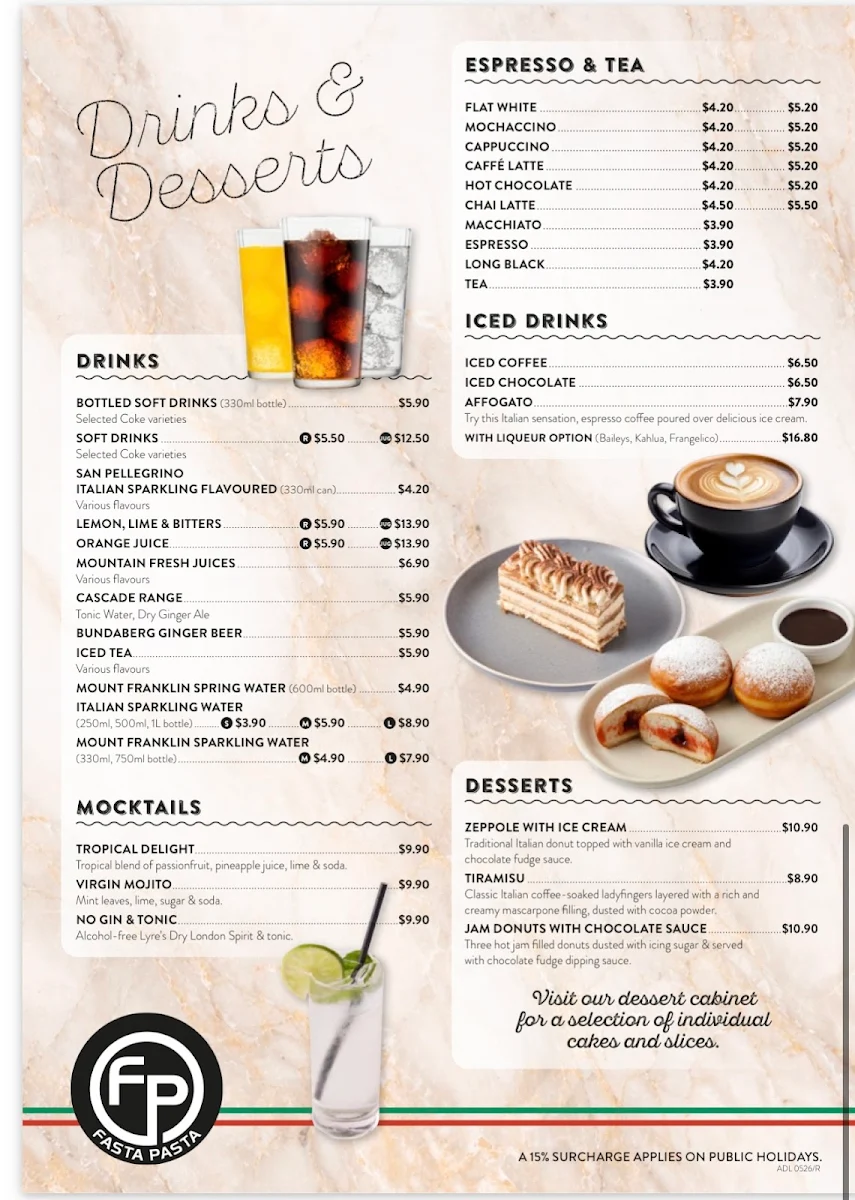 Menu, Fasta Pasta Reynella