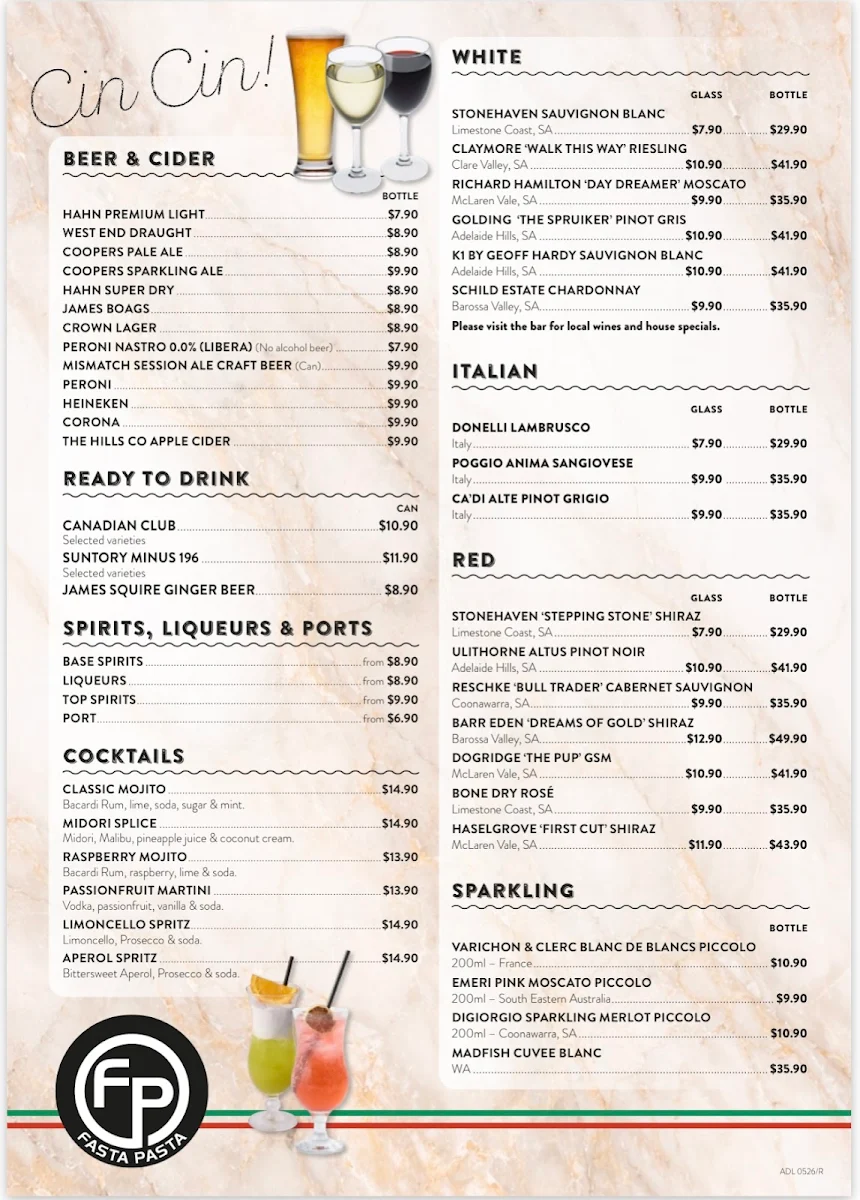 Menu, Fasta Pasta Reynella