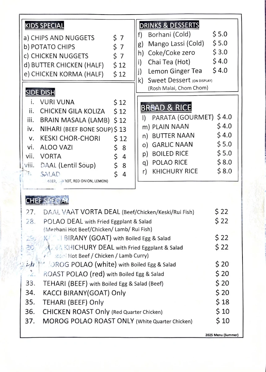 Menu, Mezban Restaurant - Bangladeshi Cuisine