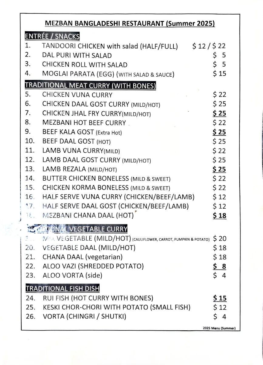 Menu, Mezban Restaurant - Bangladeshi Cuisine