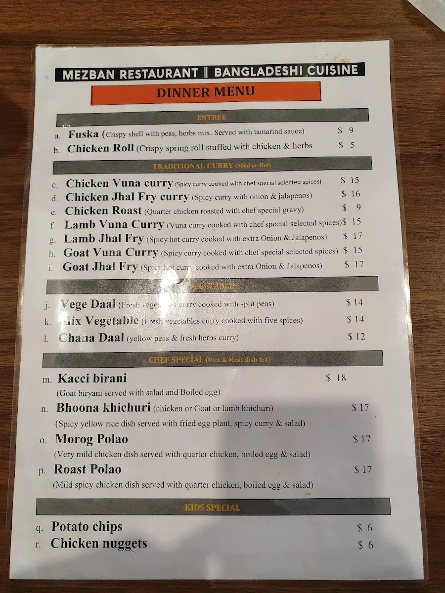 Menu, Mezban Restaurant - Bangladeshi Cuisine